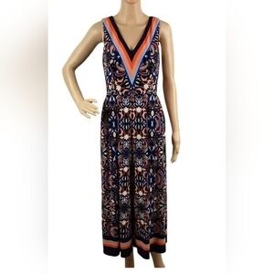 Vince Camuto Navy Floral-Print Wide-Leg Jumpsuit with Coral and Light Blue Trim